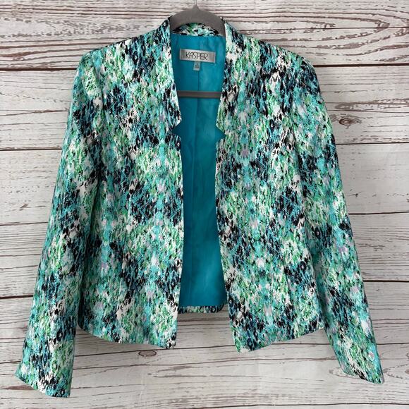 Kasper Women's Blue Green Print Open Front Blazer Jacket Size 6 - Picture 1 of 12